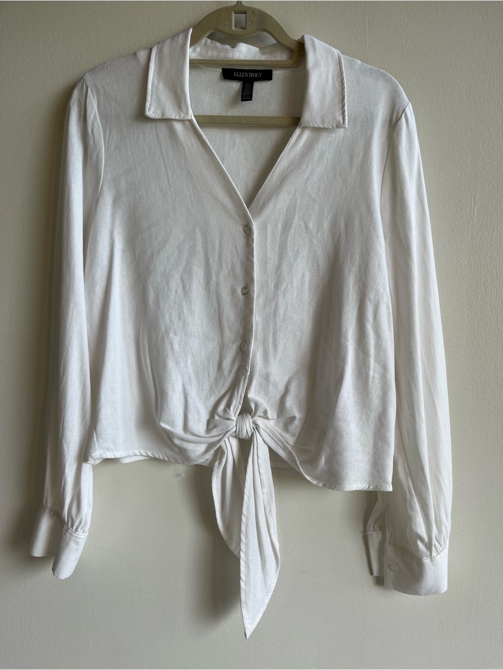 Ellen Tracy White Linen Tie Front Size Small Blouse NWOT Long Sleeve Loose Fit